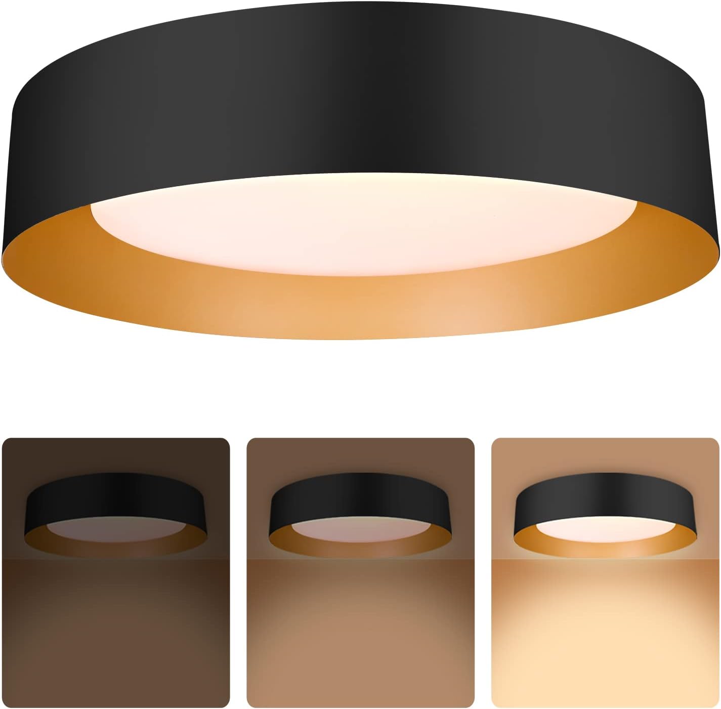 Bargeni 16.5 inch LED Ceiling Light Fixture,Dimmable Flush Mount Ceiling Light Matte Black with Gold Inside,3000K/Warm White/30W,Modern Light Fixtures Ceiling Mount for Bedroom,Outdoor,Foyer