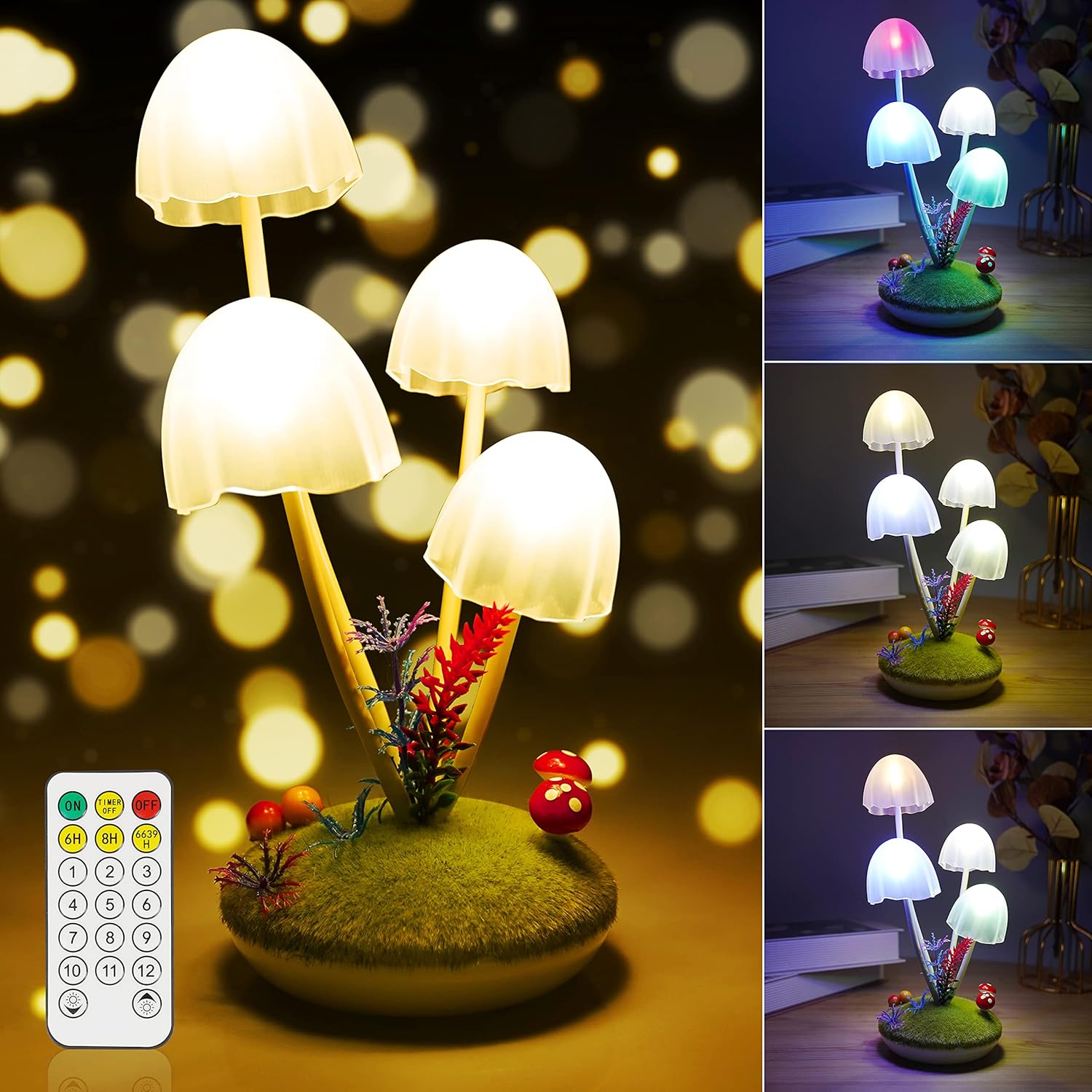 Mushroom Night Light for Kids, Wonderland Mushroom Decor Small Table Lamp, Dual-Colors Bedside Lights with Dimmable Remote & Timer, Gift for Teen Girls Bedroom, Indoor Living Room Decorations