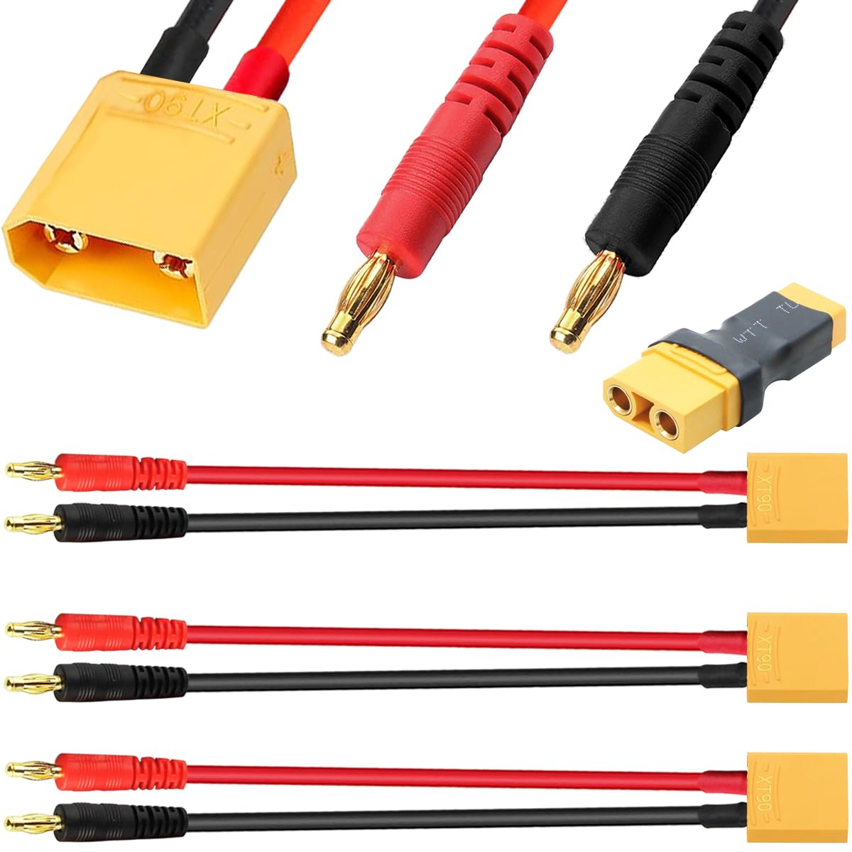 DKARDU 3 Pcs XT90 to 4mm Banana Plug Cable 12AWG XT90 Male to Banana 4.0 RC Battery Charging Adapter Connector, for RC Helicopter FPV Quadcopter
