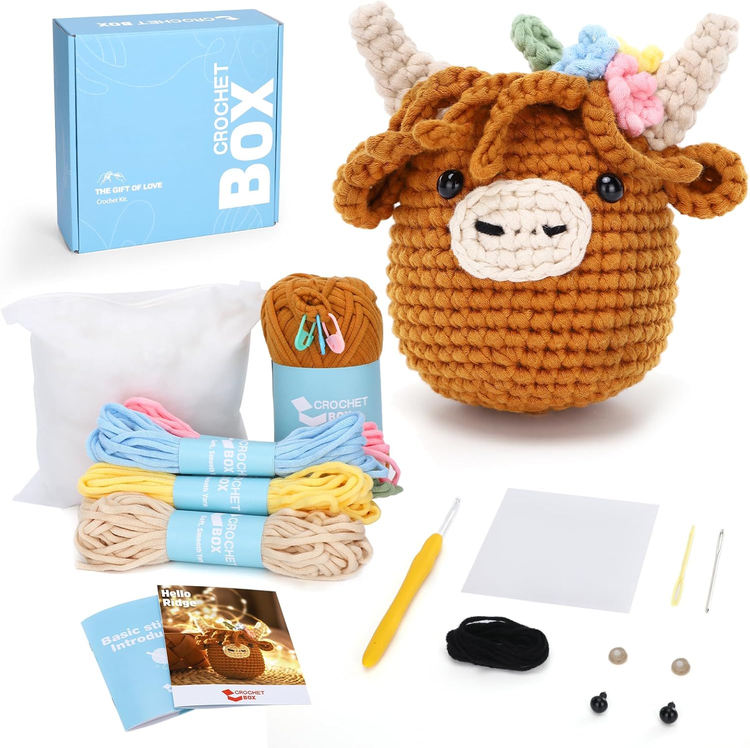 CROCHET BOX Crochet Kit for Beginners - Highland Cow Crochet Kit, Starter Crochet Kit, Include Step-by-Step Video Tutorial, Instruction, Yarns, Birthday Gift for Adults