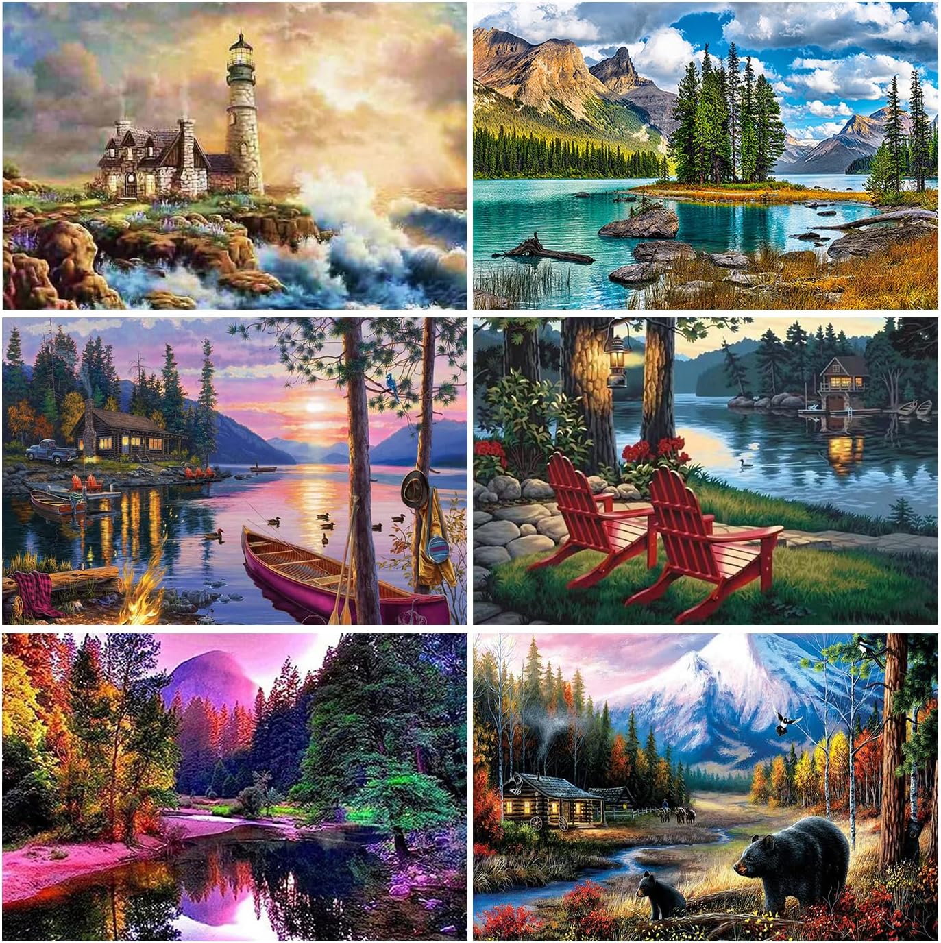 6 Pack Diamond Painting Kits for Adults & Kids, 5D DIY River Sea Forest Scenery Diamond Art Kits for Beginners, Art Kits Craft Canvas Painting for Home Wall Decoration