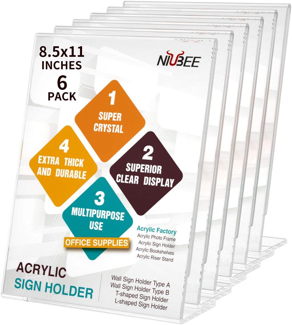 NIUBEE Premium Acrylic Sign Holder 8.5x11, Table Papers Menus Display Holders, Clear Plastic Frame -Vertical(6Pack)