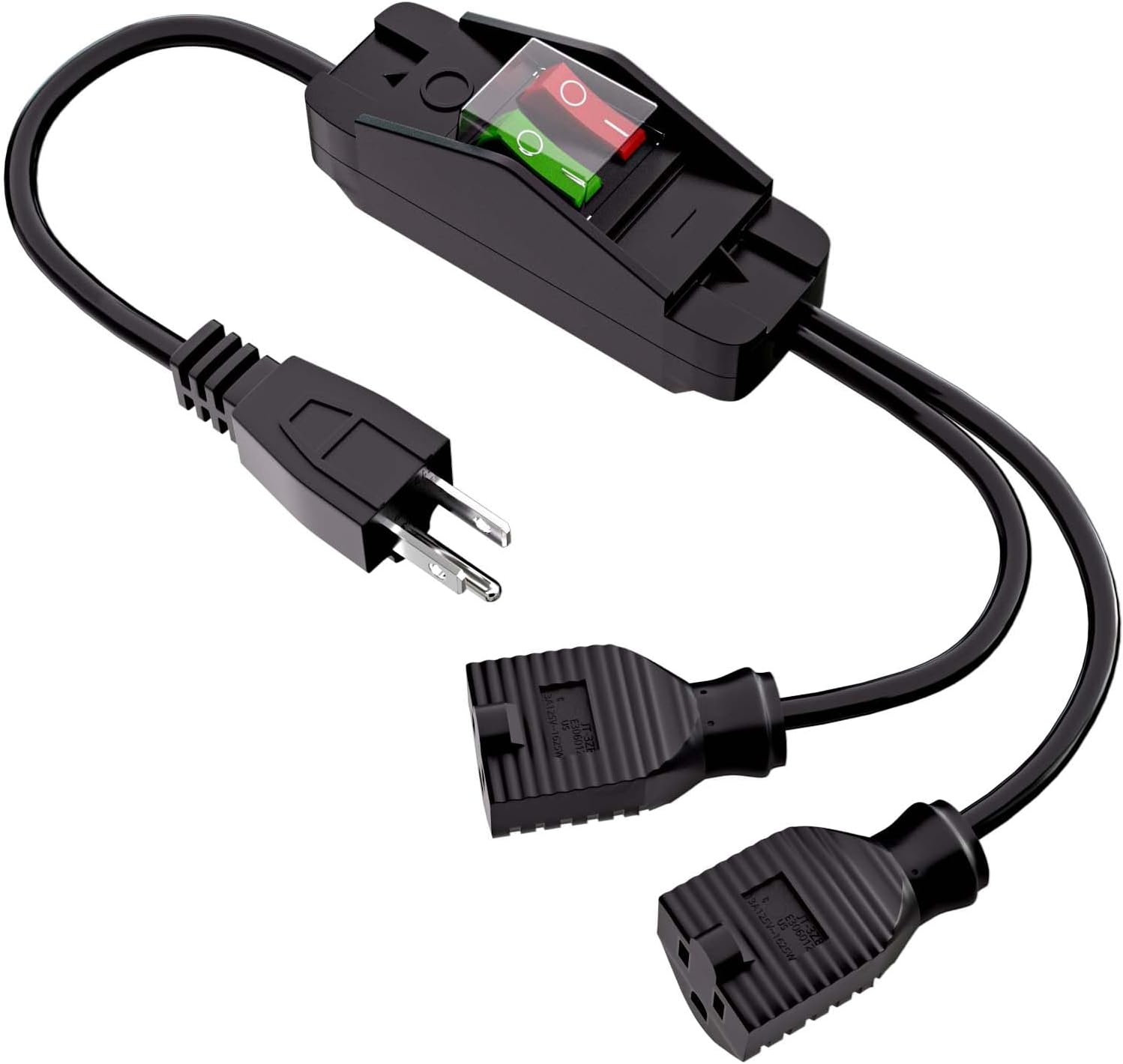 Extension Cord with On/Off Switch, 3 Prong 1 to 2 Y Splitter Outdoor Extension Cord, 2 Way Outlet Adapter with SJTW 16AWG 15A/125V and 18AWG 10A/125V for Indoor Outdoor Use (1.6 Ft / 50 Cm)