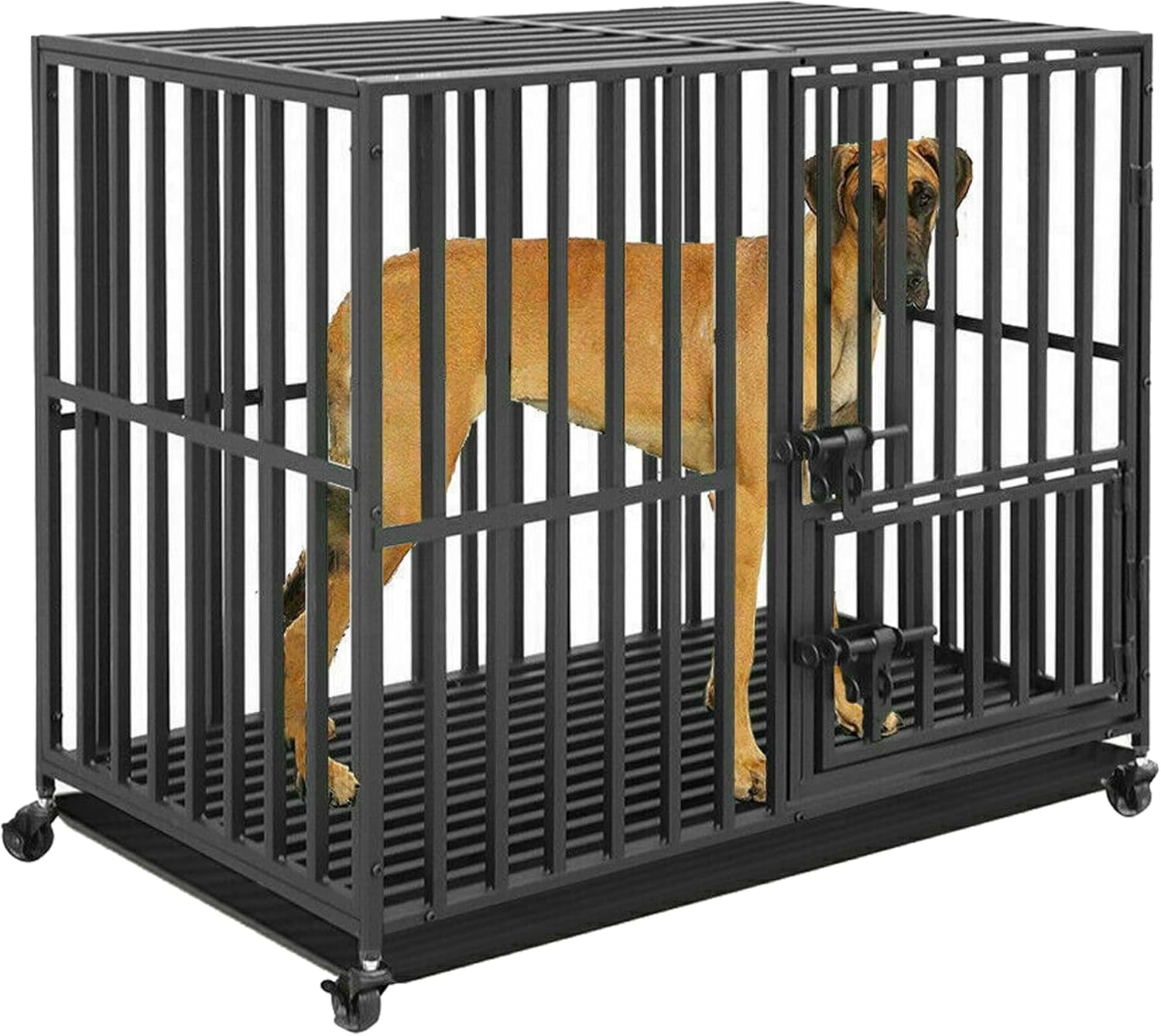 Susire Heavy Duty Dog Crate: 38 Inch Big Dogs Indestructible Military Crates with Double Door - Puppy Outside Impact Drop Rolling Cages Chew Proof Clearance for Large Breed Doggy with High Anxiety