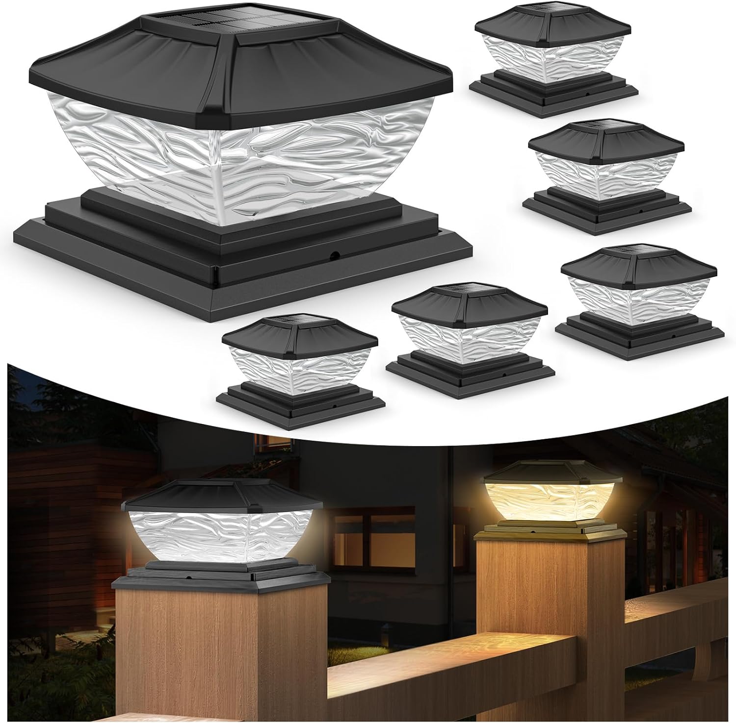 SOLLUCIS Solar Post Cap Lights, 20 Lumen Fence Post Lights Solar Powered 2 Color Modes 8 LEDs Bright Outdoor Solar Post Lights Deck Lights for 4x4 5x5 6x6 Posts in Garden Decor, Patio Decor(6 Pack)