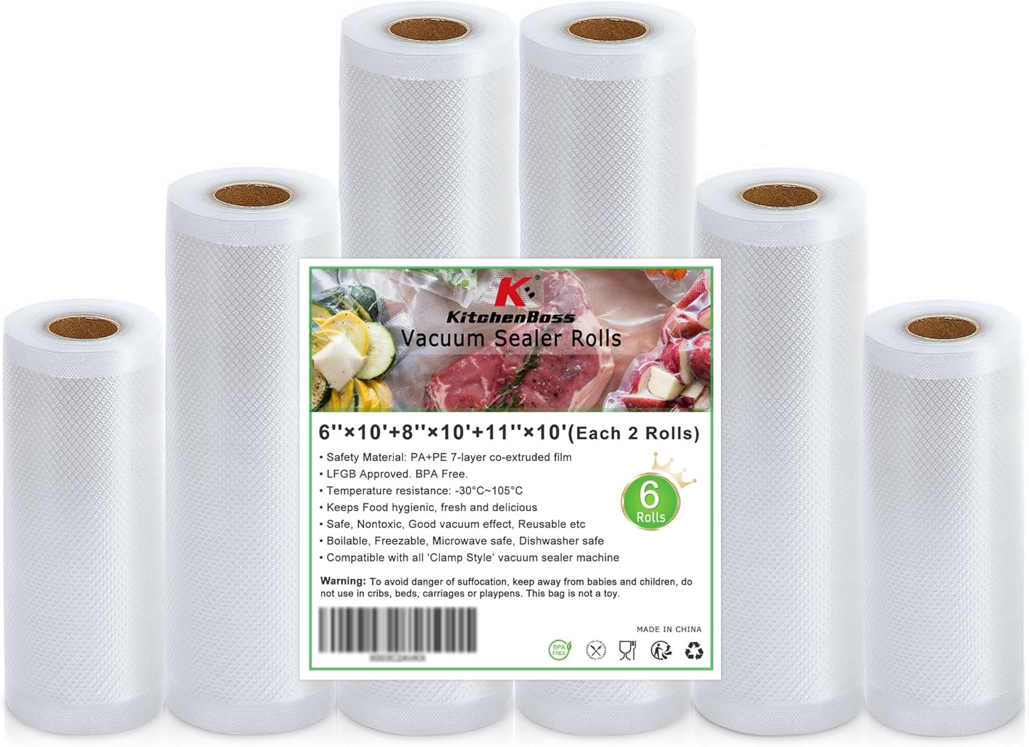 Food Vacuum Sealer Bag Rolls: KitchenBoss 6 Rolls Food Saver Bags,6 8 11 inch Sous Vide Bags Rolls with BPA Free, Commercial Grade Vac seal Bags for All Vacuum Sealer