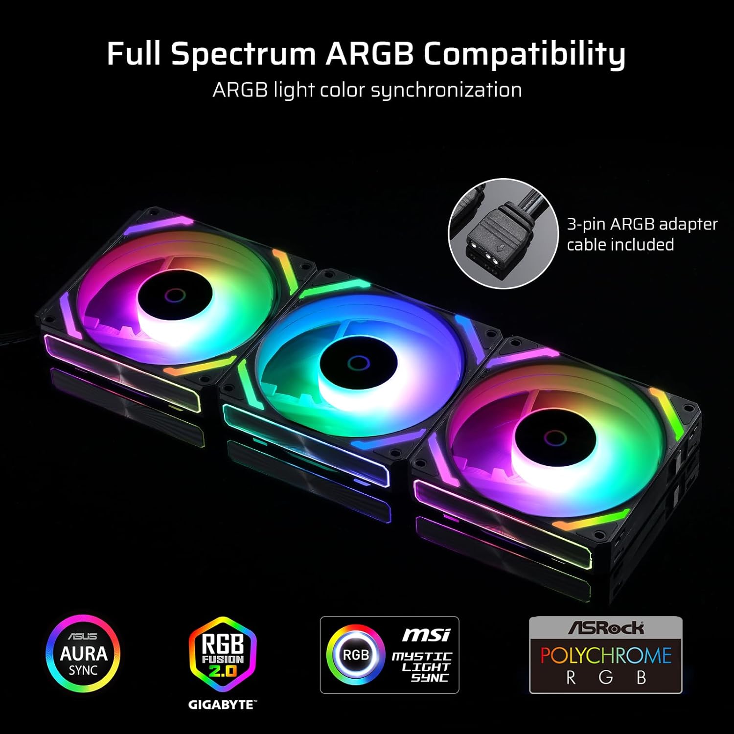 LTC CF-121D 120mm PC Case Fan, Daisy-Chain Connection, 5V 3Pin ARGB Lighting, 4 Pin PWM Case Fan, for Radiator/Computer Case Cooling, 120x120x25mm, 3 Pack, Black