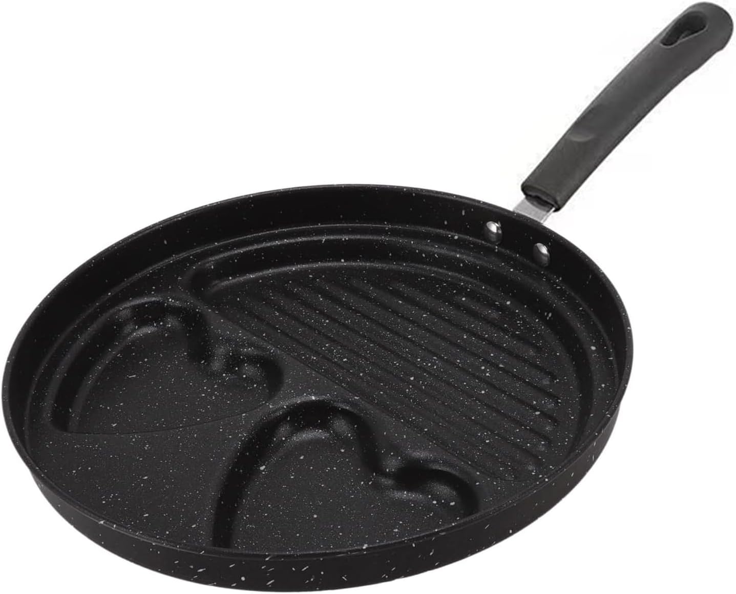 Kuci 3-Hole Grill Pan with Heart Shapes - 10.5" Nonstick Carbon Steel Skillet for Steak, Eggs & Pancakes, Maifan Stone Coating, Gas/Induction Ready