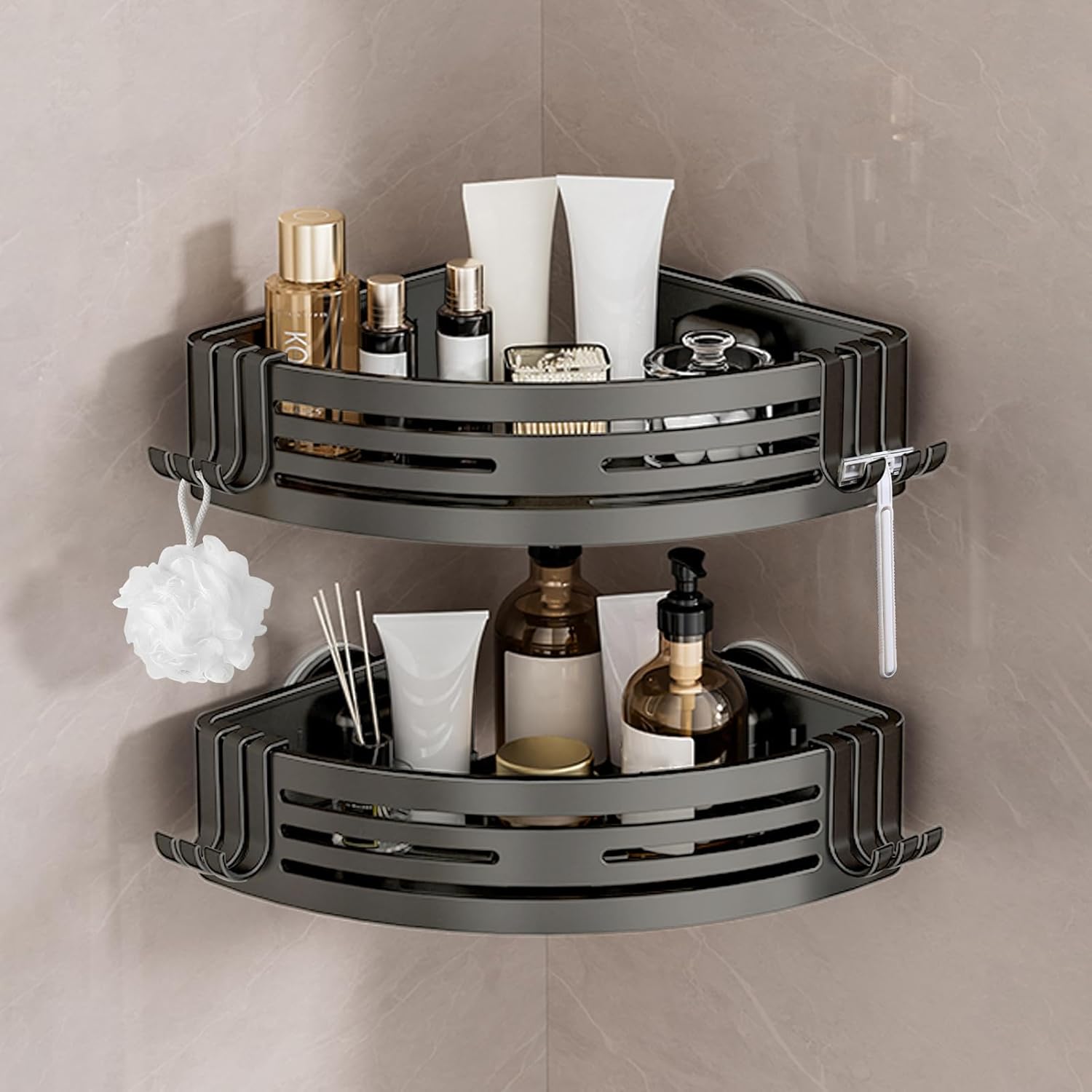 Tokokimo Corner Shower Caddy Suction Cup, 2-Pack Aluminum Bathroom Shelf Shower Rack, Detachable and Reusable, No Drilling, Grey