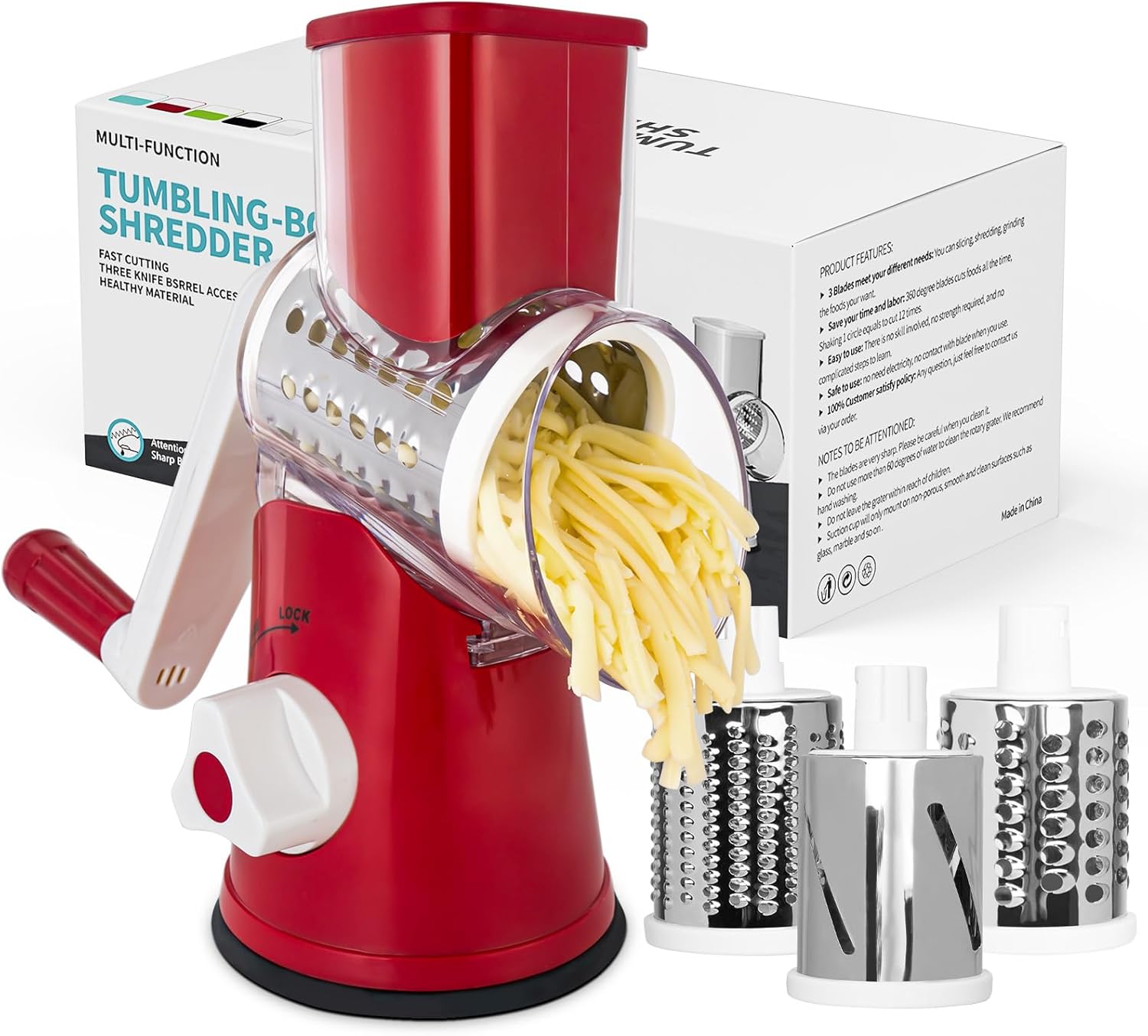X Home Rotary Cheese Grater for Kitchen, 3 Blades with Ergonomic Handle and Strong Suction Base, Great for Nuts, Vegetables, Fruits, Simple to Use, Red