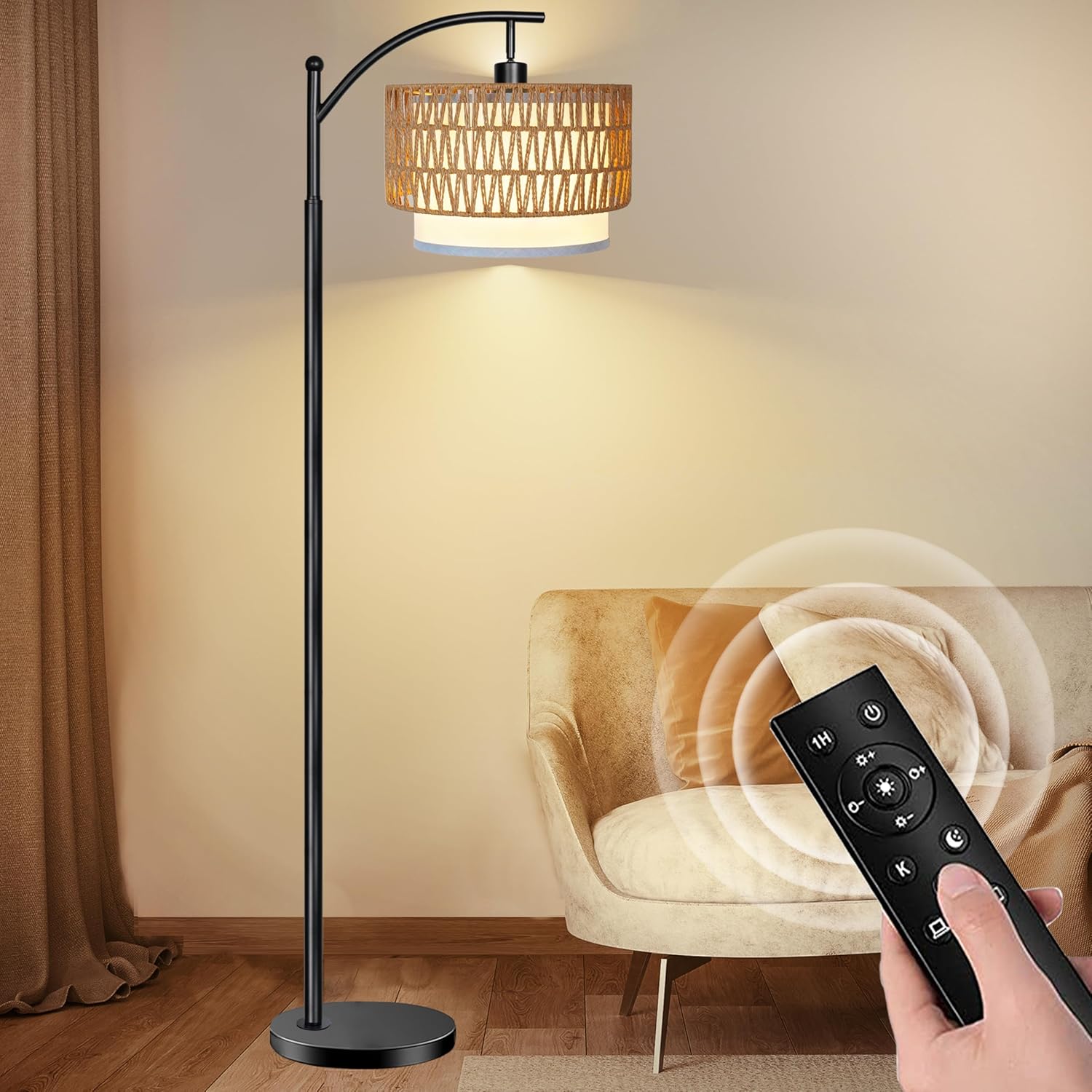 Floor Lamp for Living Room, Rattan Floor Lamps with Remote & Dimmable, Color Temperatures, Boho Standing Lamp with Rattan & Fabric Shades, Adjustable Tall Lamp for Bedroom, Black
