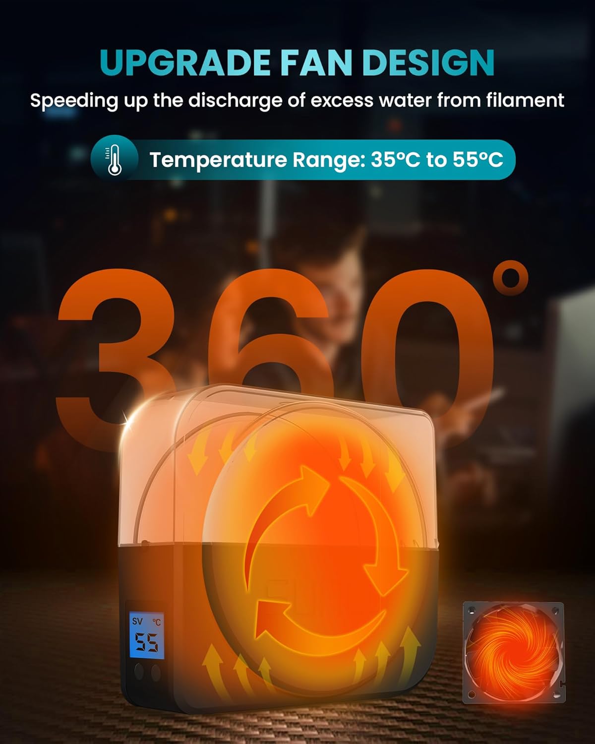 SUNLU Filament Dryer Box for 3D Printing, S1 Plus Filament Dehydrator with Fan Design & Storage, Keeps 1.75 2.85 3.00mm PLA PETG ABS Dry During Printing (Black) thumbnail 2