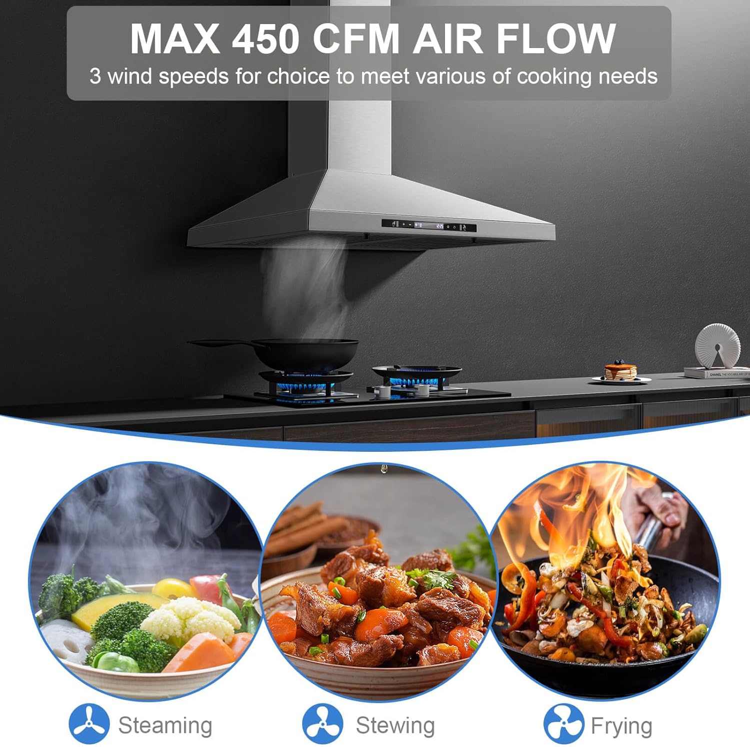 SNDOAS Range Hood 30 inch,Chimney-Style Stainless Steel Wall Mount Range Hood with Touch and Gesture Sensing Control,Kitchen Hood 30 inch Ducted/Ductless Convertible Vent Hood,Baffle Filters alternate view