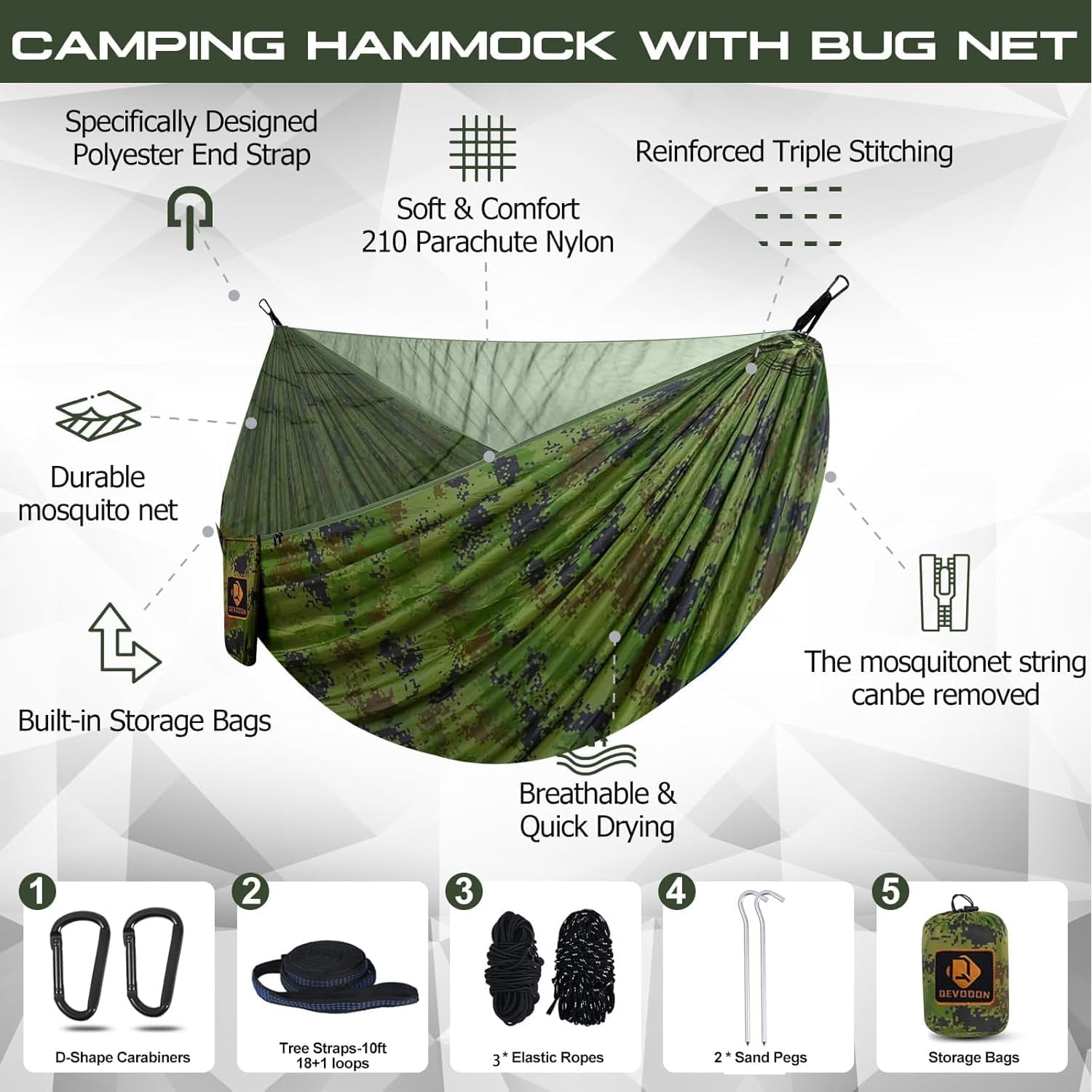 Camping Hammock, Portable Hammocks with Mosquito Net,Lightweight Nylon Parachute Hammock with 10ft Tree Straps,Camping Gear Must Haves for Travel Hiking Backpacking Beach Patio-Green/Hui alternate view