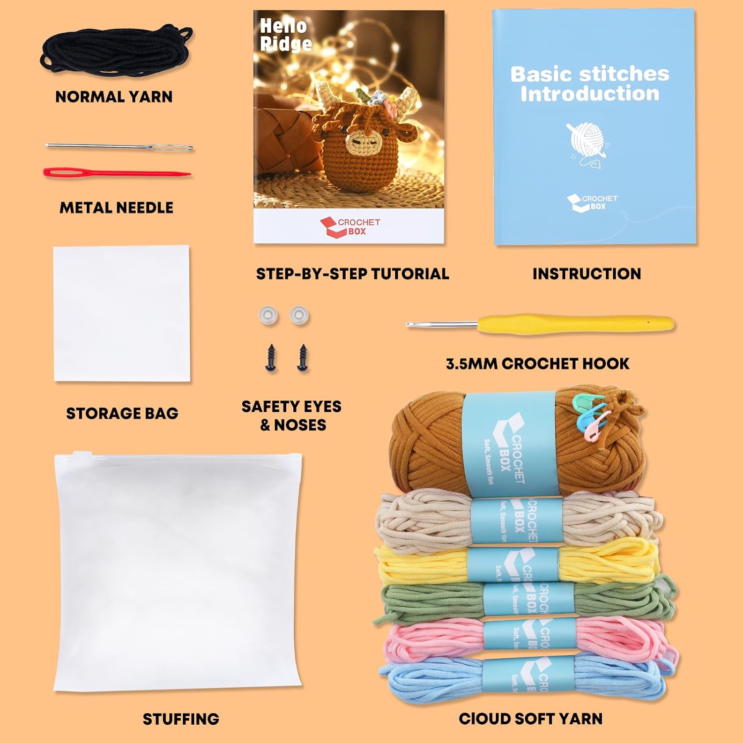 CROCHET BOX Crochet Kit for Beginners - Highland Cow Crochet Kit, Starter Crochet Kit, Include Step-by-Step Video Tutorial, Instruction, Yarns, Birthday Gift for Adults alternate view