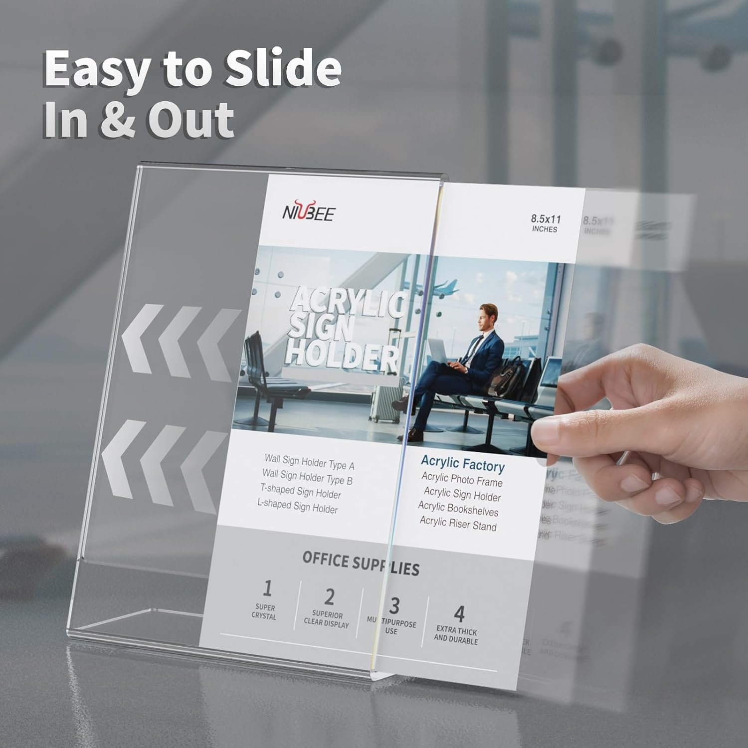 NIUBEE Premium Acrylic Sign Holder 8.5x11, Table Papers Menus Display Holders, Clear Plastic Frame -Vertical(6Pack) alternate view