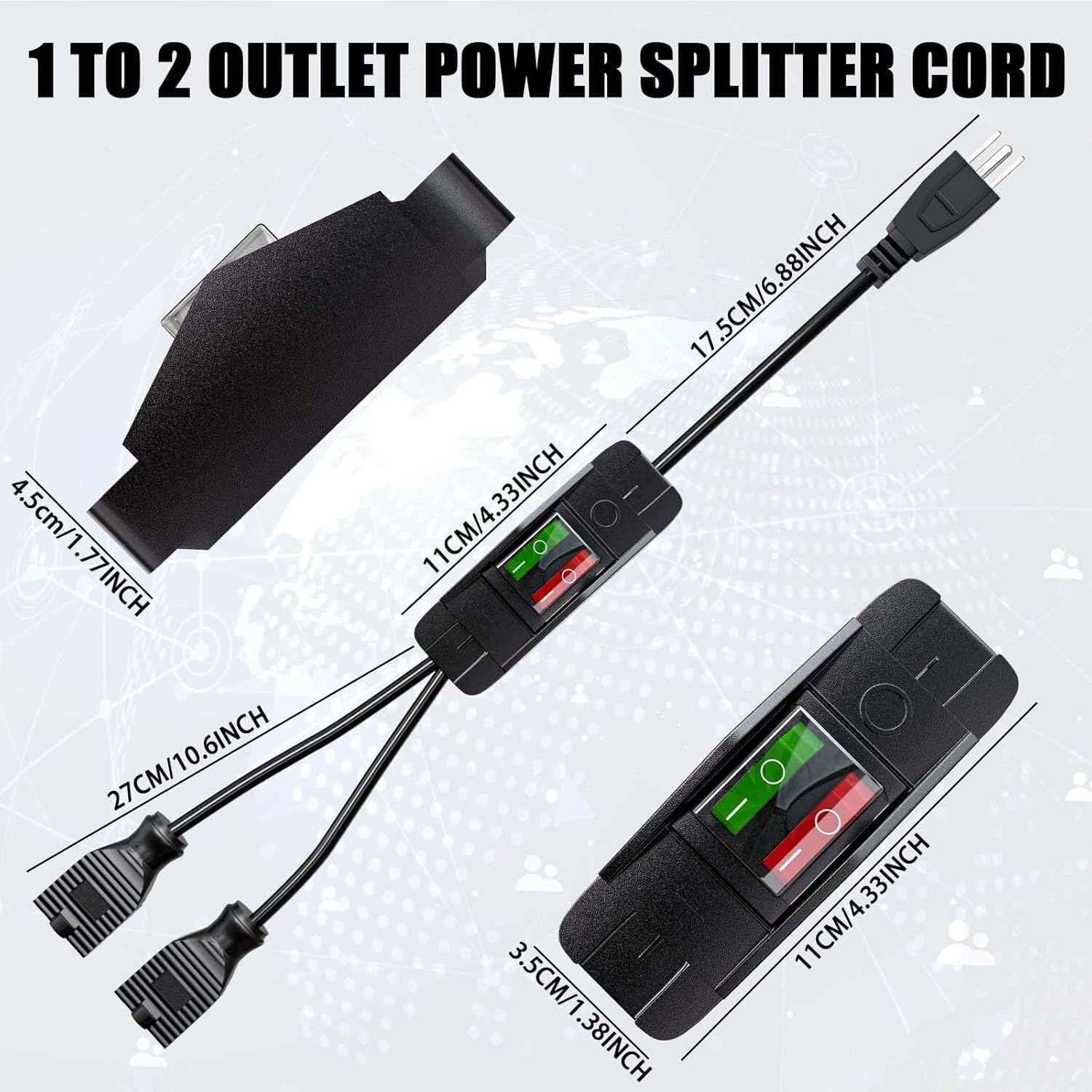 Extension Cord with On/Off Switch, 3 Prong 1 to 2 Y Splitter Outdoor Extension Cord, 2 Way Outlet Adapter with SJTW 16AWG 15A/125V and 18AWG 10A/125V for Indoor Outdoor Use (1.6 Ft / 50 Cm) alternate view