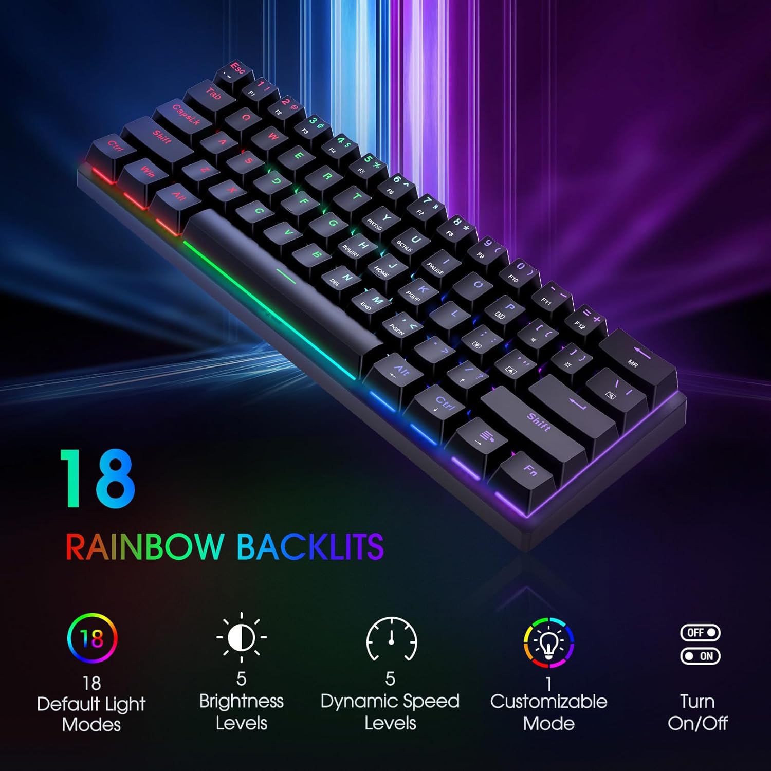Portable 60% Mechanical Gaming Keyboard,60 Percent Wired Gamer Keyboard with Blue Switches,LED Customization Backlit,61 Keys Ultra-Compact Mini Office Keyboard for PC/Mac/Xbox,Easy to Carry On Trip alternate view