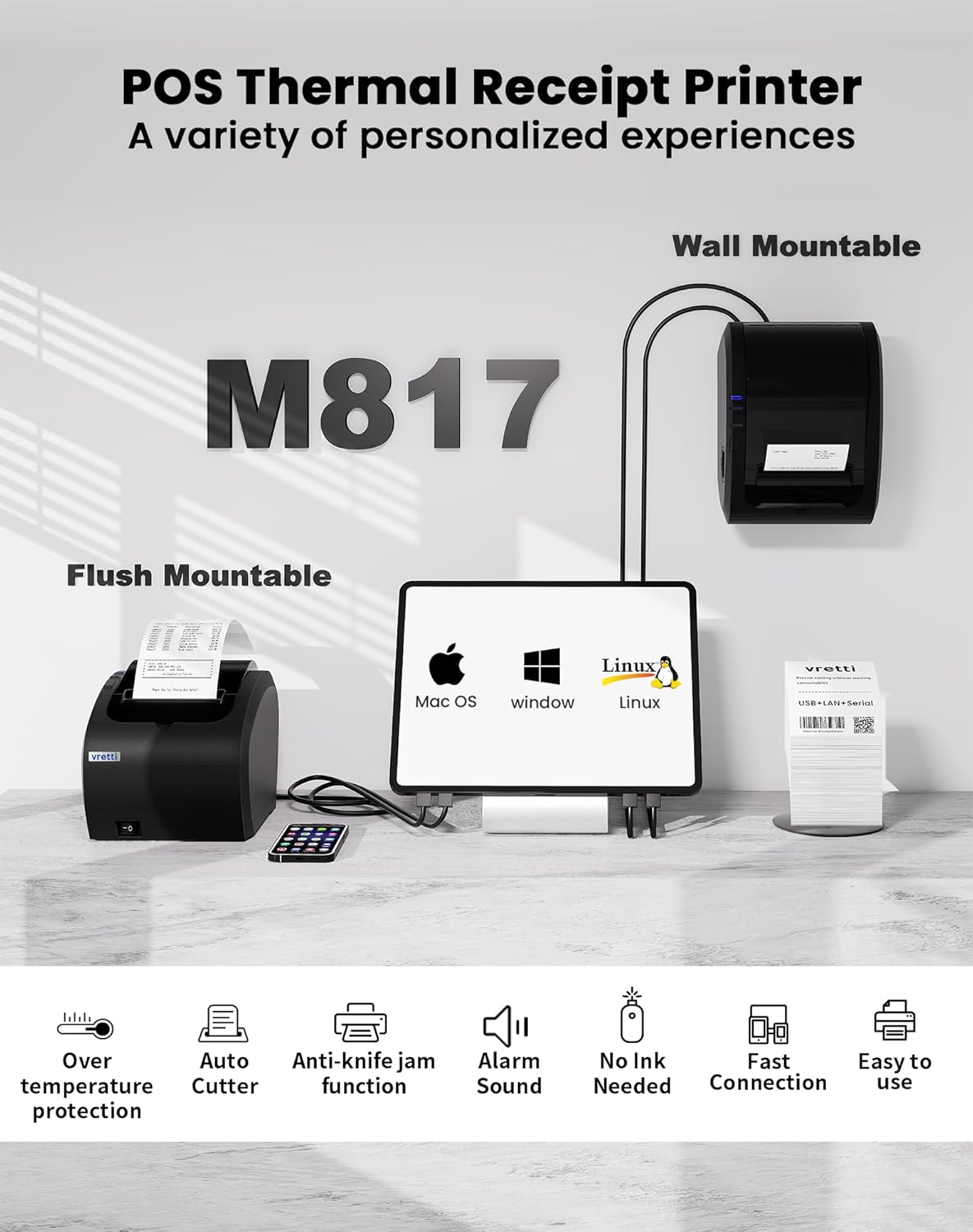 VRETTI Thermal Receipt Printer, 3'1/8 80mm Thermal Pos Receipt Printer with Auto Cutter Support Cash Drawer,USB Serial Ethernet Support ESC/POS, Compatible with Windows/Mac/Linux alternate view