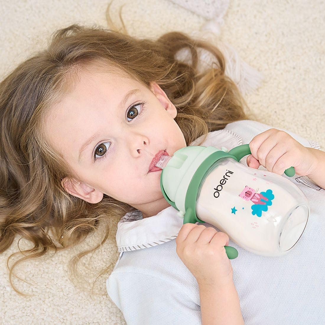 Oberni Tritan Sippy Cup, 270ml/9oz Baby Water Drinking Bottle with Removable Handle and Strap, Leak-Proof Training Cup for 12M+/1 Years+ Toddlers, Green/Pack of 3 alternate view