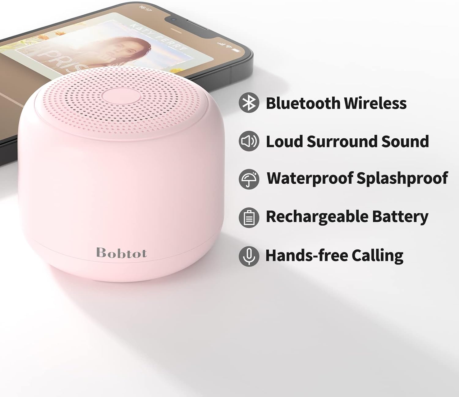Bobtot Portable Bluetooth Speakers with Strap Easy to Carry, Wireless IPX5 Waterproof Mini Speaker with Loud Stereo Sound, 20 Hours Playtime, Rechargeable Battery, Built-in Microphone (Pink) alternate view