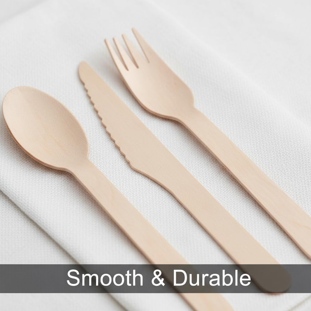 (500 Count) Disposable Wooden Cutlery Set - Alternative to Plastic, Eco Friendly, Biodegradable, Compostable Cutlery Set - 250 Wood Spoons, 150 Wooden Forks, 100 Wooden Knives Disposable Utensils Set thumbnail 2