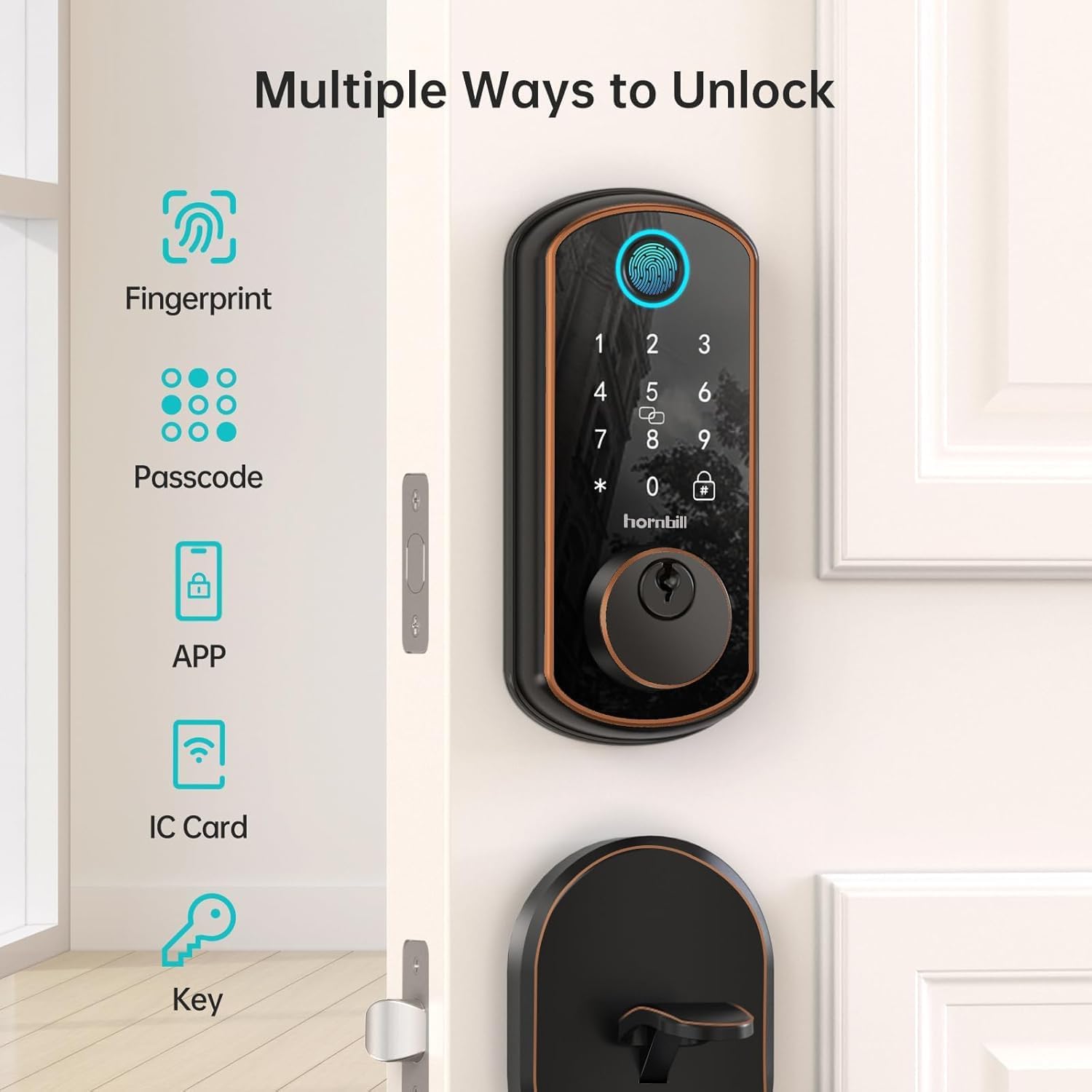 Smart Front Door Lock Keyless Entry Fingerprint Deadbolt - Hornbill Alexa Bluetooth Electronic Keypad Door alternate view