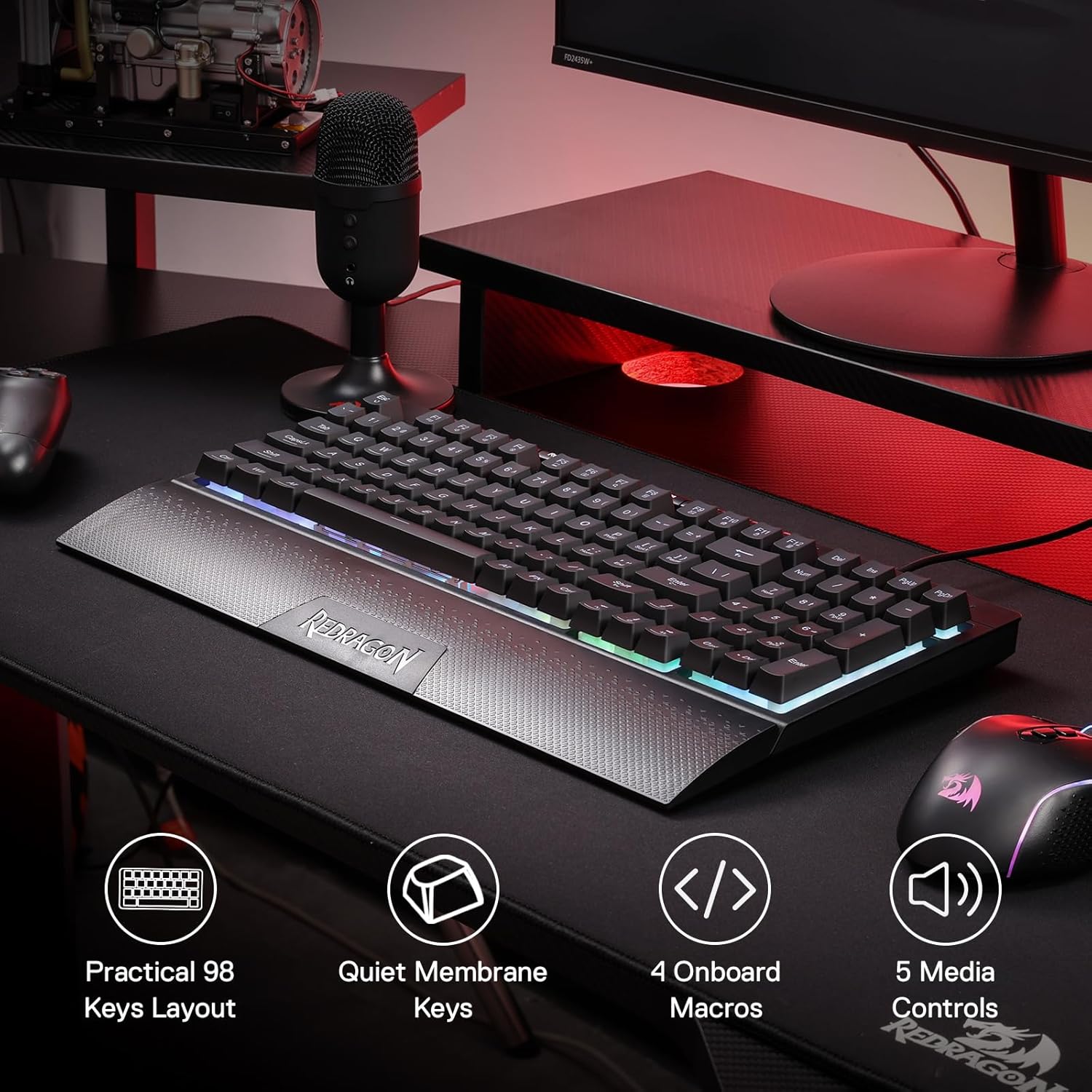 Redragon K515 Shiva RGB Membrane Gaming Keyboard, 98 Keys Mechanical-Feel Keyboard w/Smooth Linear Switch, On-Board Macro & Dedicated Multimedia Keys, Detachable Wrist Rest, Software Supported alternate view