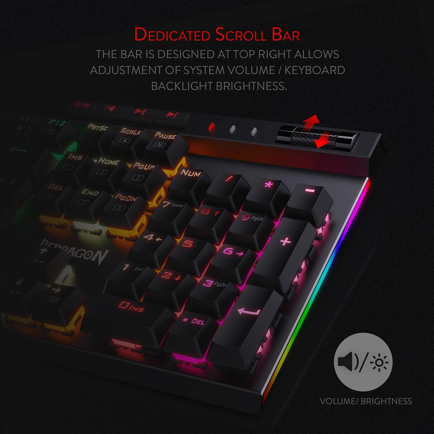 Redragon K580 VATA RGB Mechanical Gaming Keyboard, 104 Keys Gamer Keyboard with Blue Tactile Mechanical Switches, Customizable RGB Backlit, 5 On-Board Macro Keys & Dedicated Media Controls Panel alternate view