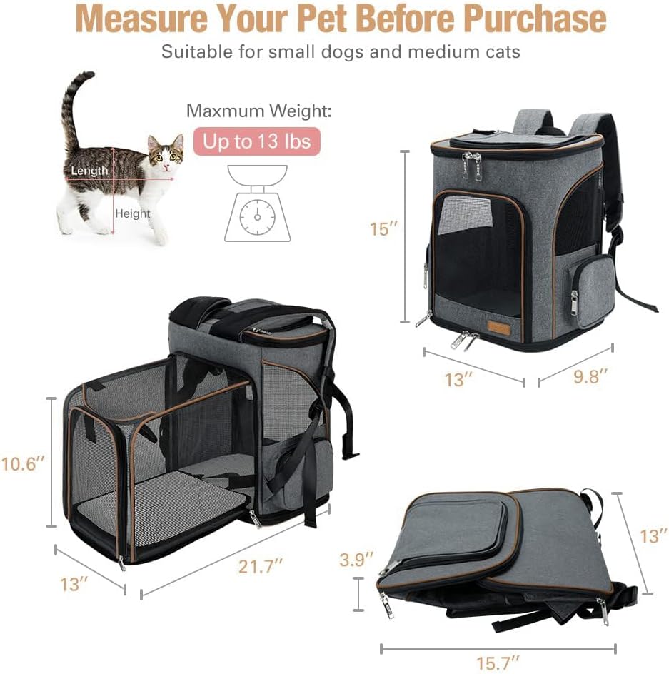 Lekesky Cat Backpack Expandable Dog Carrier Backpack Airline Approved Pet Backpack Carrier for Cats, Small Dogs, Puppies Under 13 Lbs, Grey alternate view